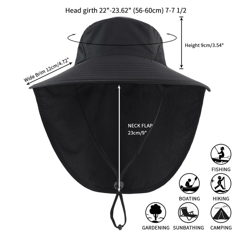 Home Prefer Outdoor UPF50+ Sun Hat Wide Brim Mesh Fishing Hat with Neck Flap (Black) - Image 2